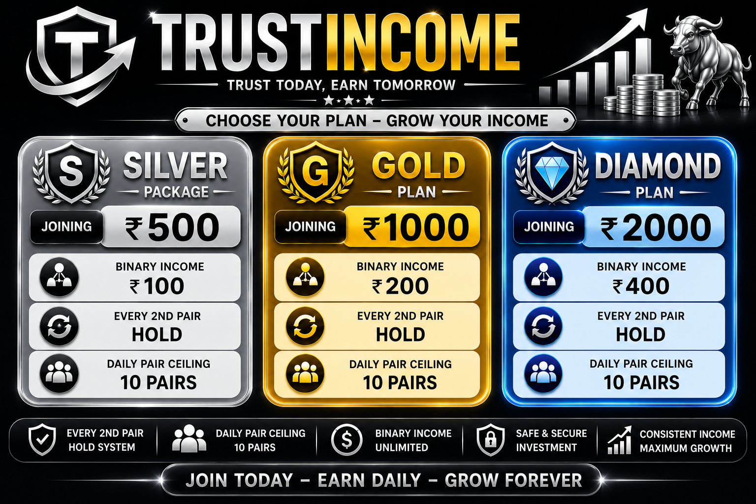 TrustIncome Silver Gold Diamond Binary Plan
